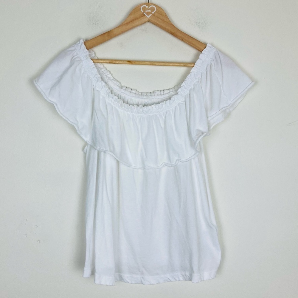 Current Elliott ruffle off the shoulder knit tee shirt in white. Size 2